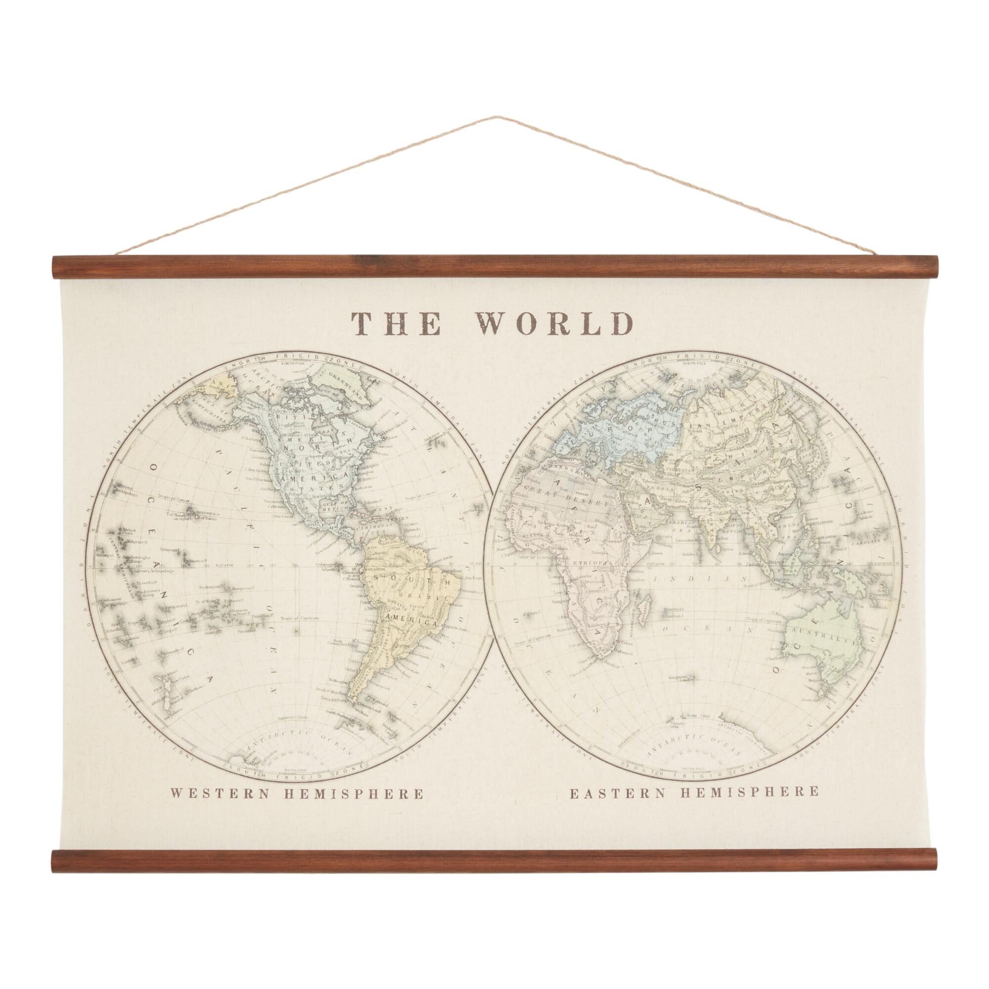 Hemisphere World Map Linen Scroll Wall Hanging: Multi by World Market