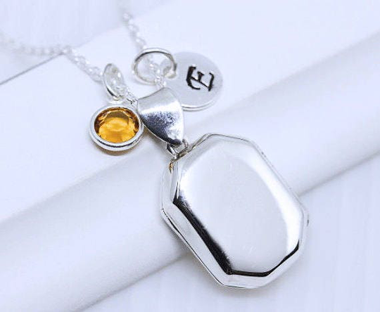 Personalized Locket Choose Initial, Birthstone. Sterling Silver Rectangular . Chain. Locket. R-30
