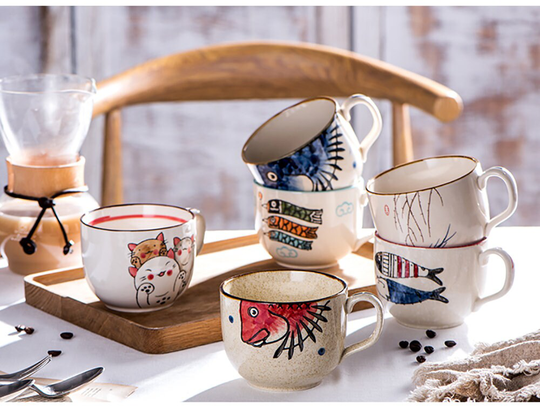 Hand Made Unique Japanese Cartoons Style Ceramic Mug | Painted Mega Size Ramen Soup Cup Coffee