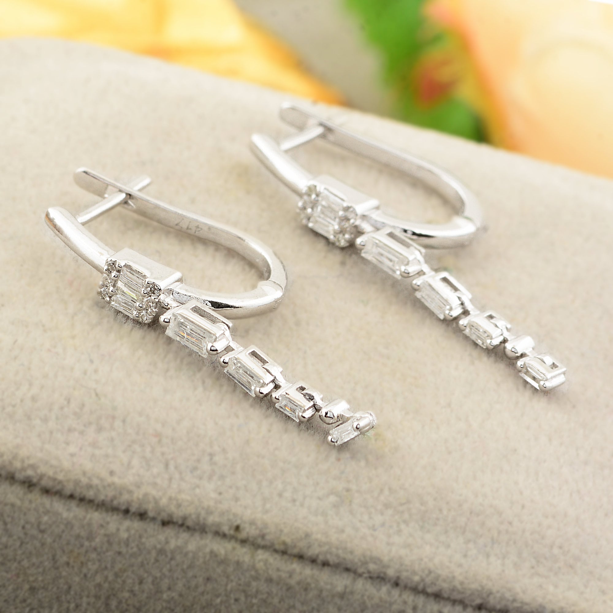 Genuine Si Clarity Hi Color Diamond Huggie Hoop Dangle Drop Bar Earrings in Solid 10K White Gold Handmade Minimalist Lever Back Earring