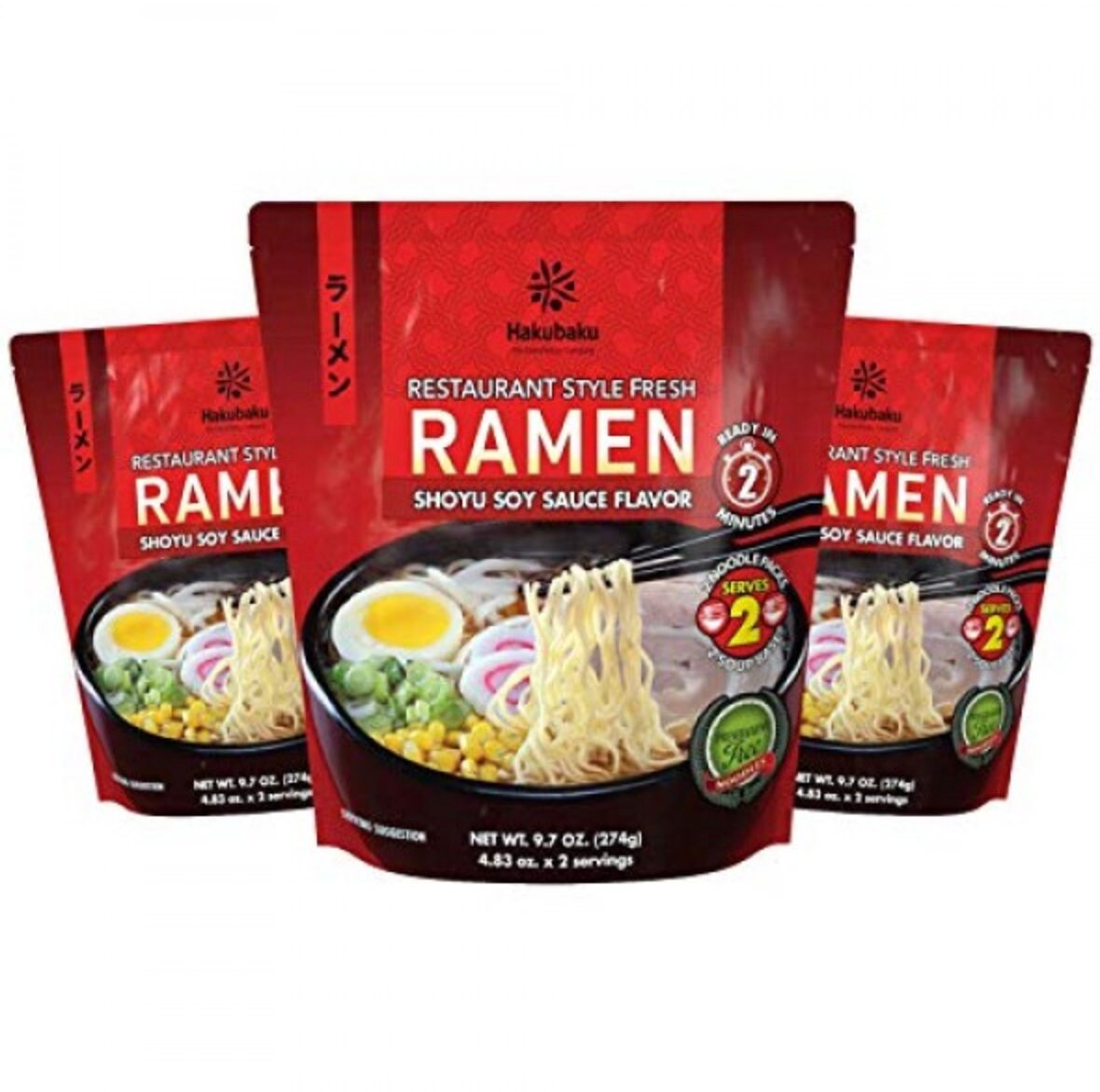 Hakubaku Restaurant Style Fresh Ramen Shoyu Soy Sauce Flavor, 9.7 Ounce(3 Pack