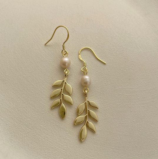 Gold 50mm Leaf Pearl Drop Hook Earring Dangle Earrings