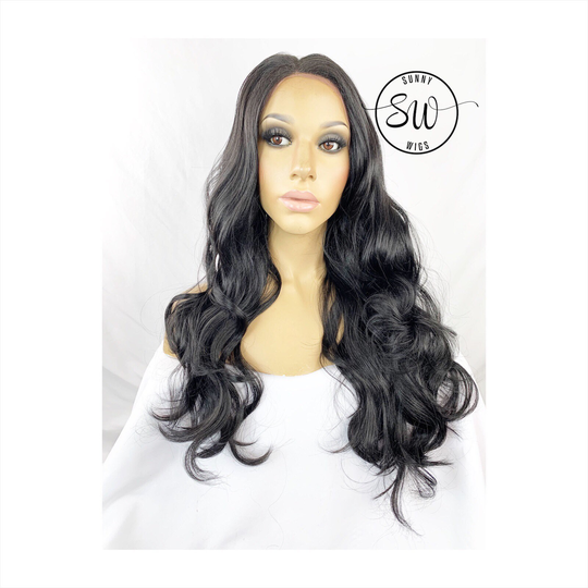 Human Hair Blend Wig Lace Front Full Long Curly Layered Free Parting Black Heat Safe New