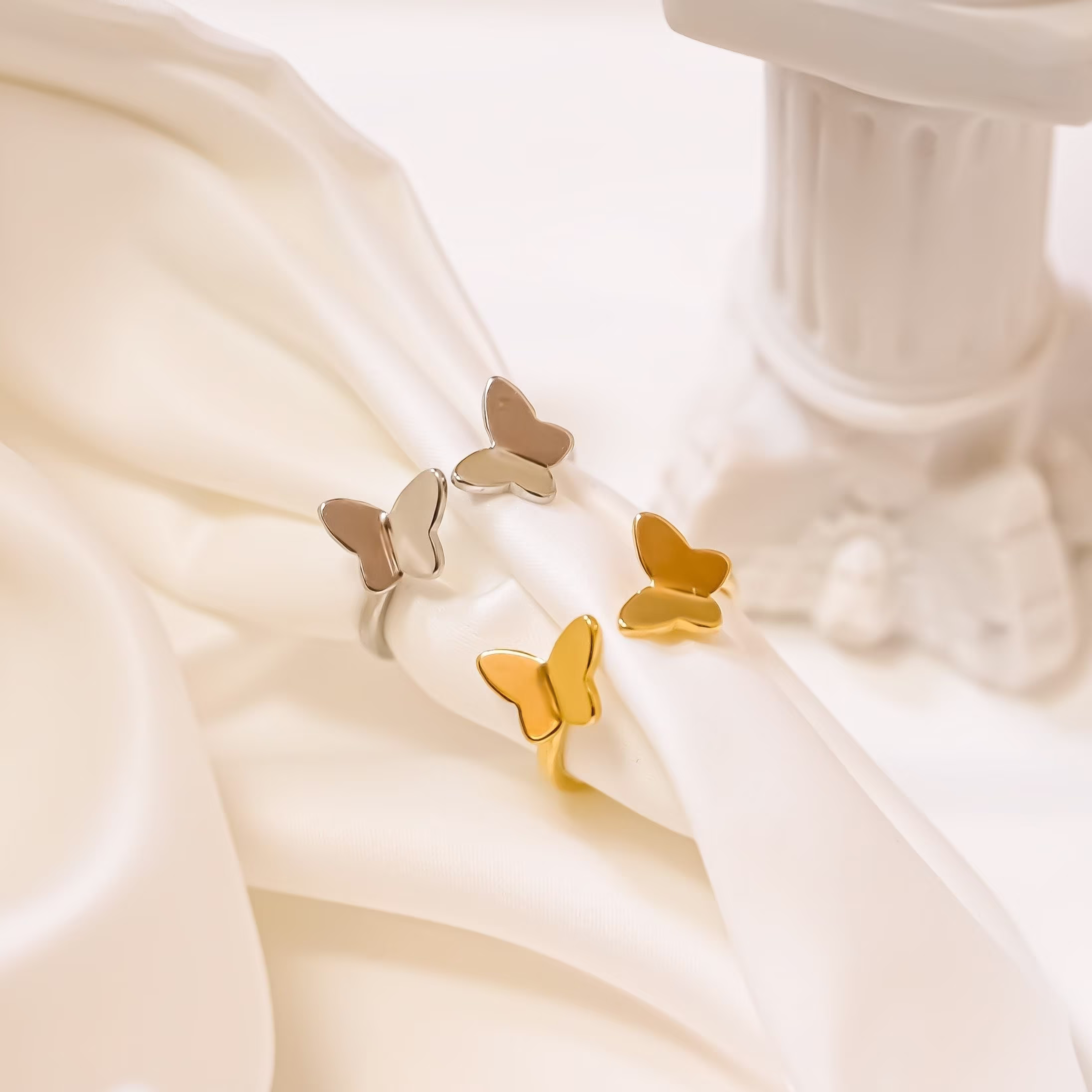 Gold & Silver Butterfly Ring, Band Double Layer Adjustable Dainty Ring, Open Animal Ring