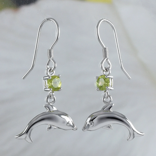 Beautiful Hawaiian Genuine Peridot Dolphin Earring, Sterling Silver Dangle E8910 Birthday Wife Mom Valentine Gift