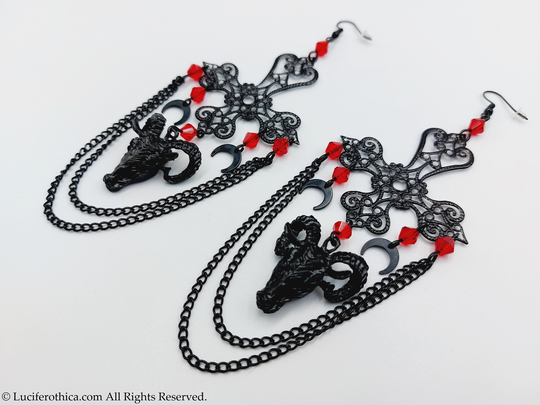 Inverted Cross Ram Earrings - Baphomet Horns Occult Gothic Sigil Of Satanic Jewelry Goat Mendes Gift Horned Ram Tradgoth Crescent Moon