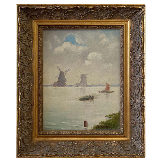 Vintage Oil Painting Of Holland Mill in Gilt Wood Frame