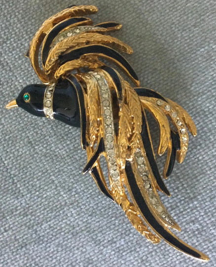 Gorgeous Craft Signed Bird Of Paradise Art Deco Brooch Pin Black Enamel Diamanté Emerald Crystals Gold Metal Vintage Designer Couture Runway