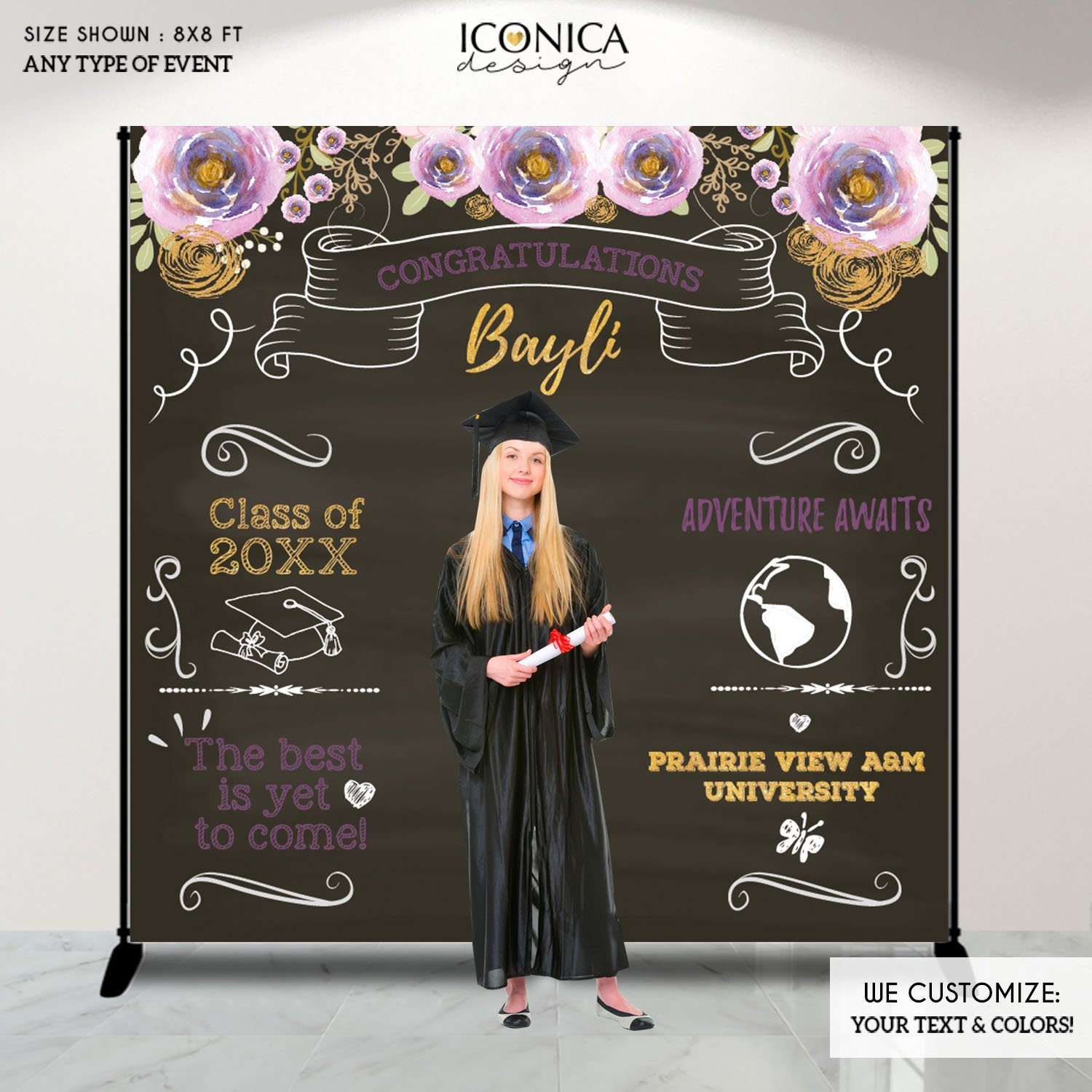 Graduation Party Photo Booth Backdrop, Virtual Graduation, Floral Step & Repeat, Congrats Grad, Banner Printed Or Printable File Bgr0007