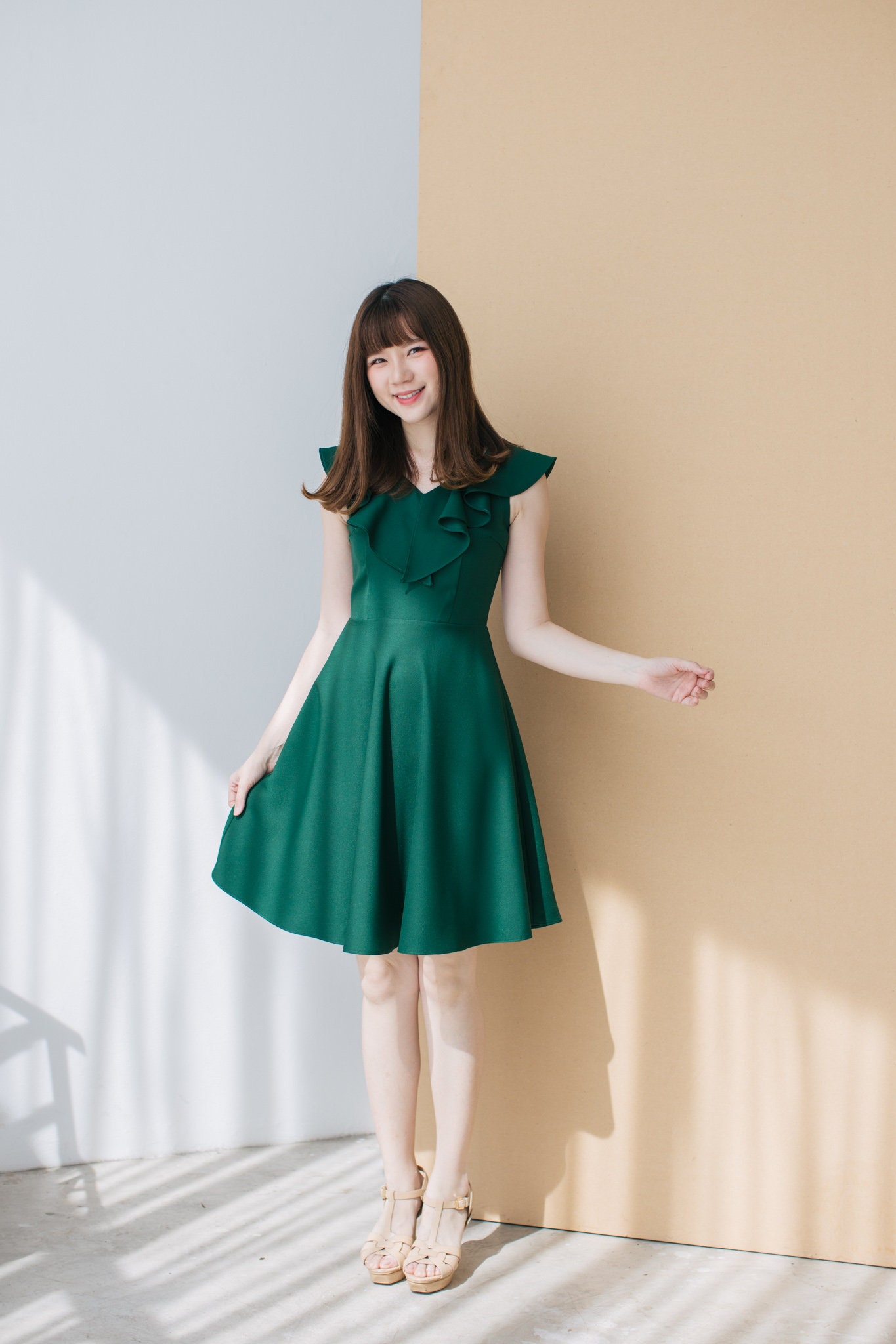 Forest Green Dress Bridesmaid Evening Vintage Inspired Party Summer V Neck Ruffle - Blake