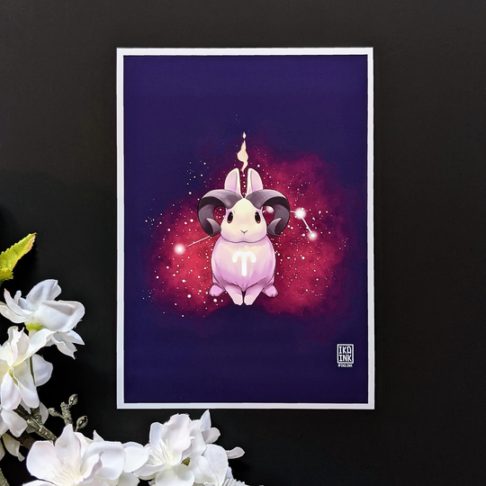 Aries Zodiac Sign Art Print | Cute Bunny Themed Celestial Digital Painting, Astrology Signs