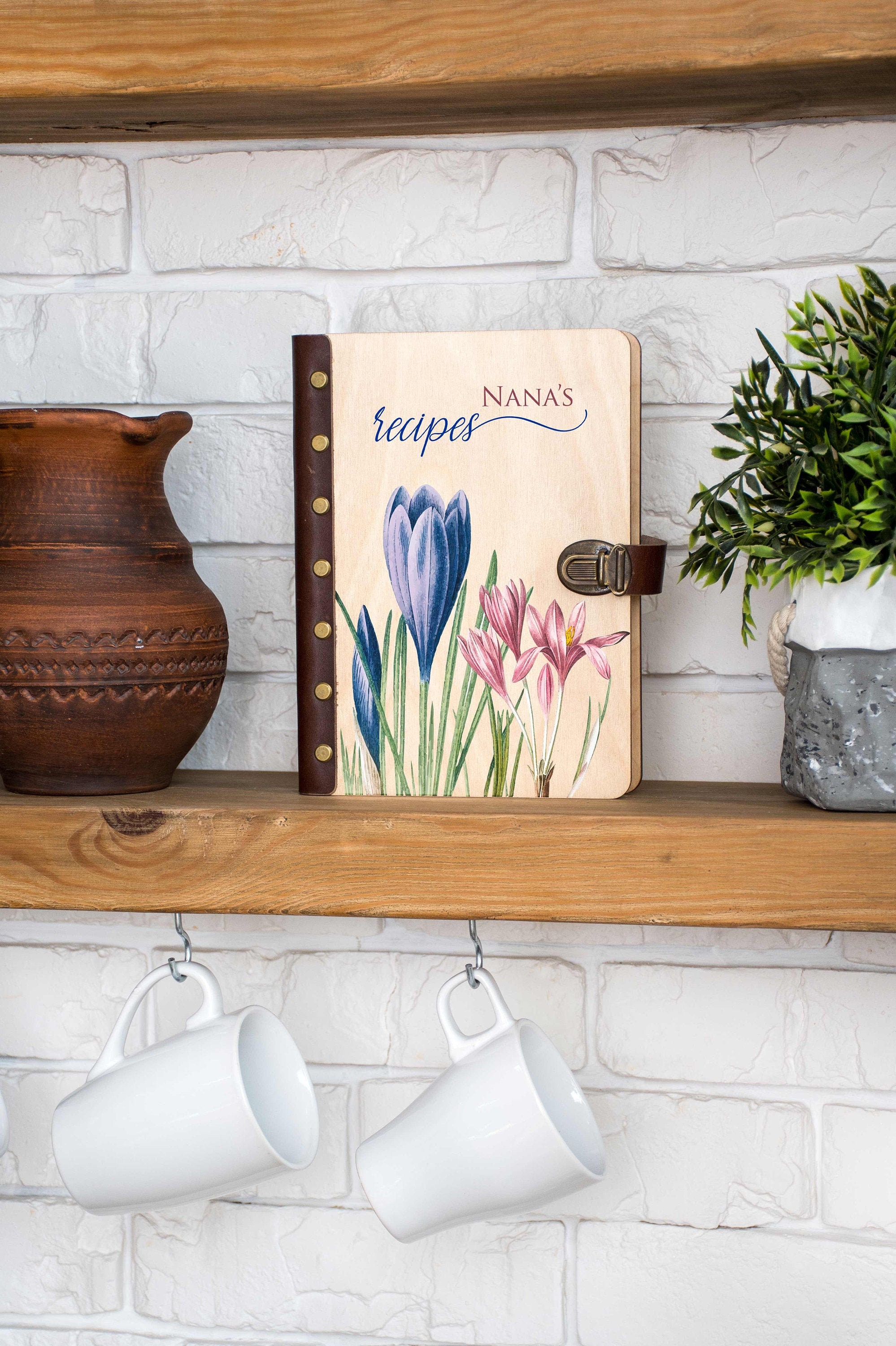 Personalized Blank Recipe Book Customized Binder Wooden Cookbook Crocus Flower Gift For Her Journal Mothers Day Nana