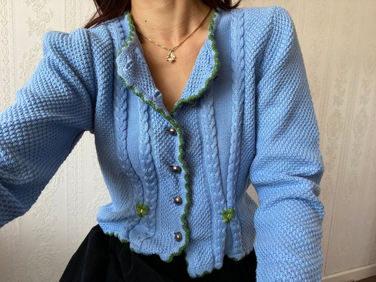 Vintage Blue Floral Cotton Blend Knit Cardigan/ Voluptuous M - Petite L