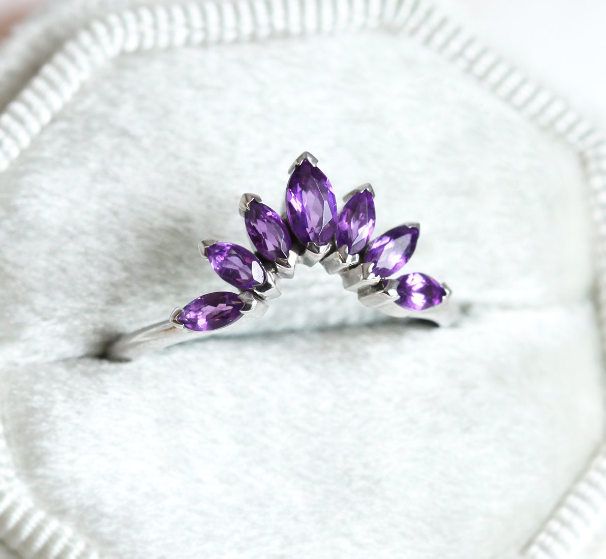 Amethyst Wedding Band, Gemstone Leaf Band, Purple Ring, Matching Band Unique