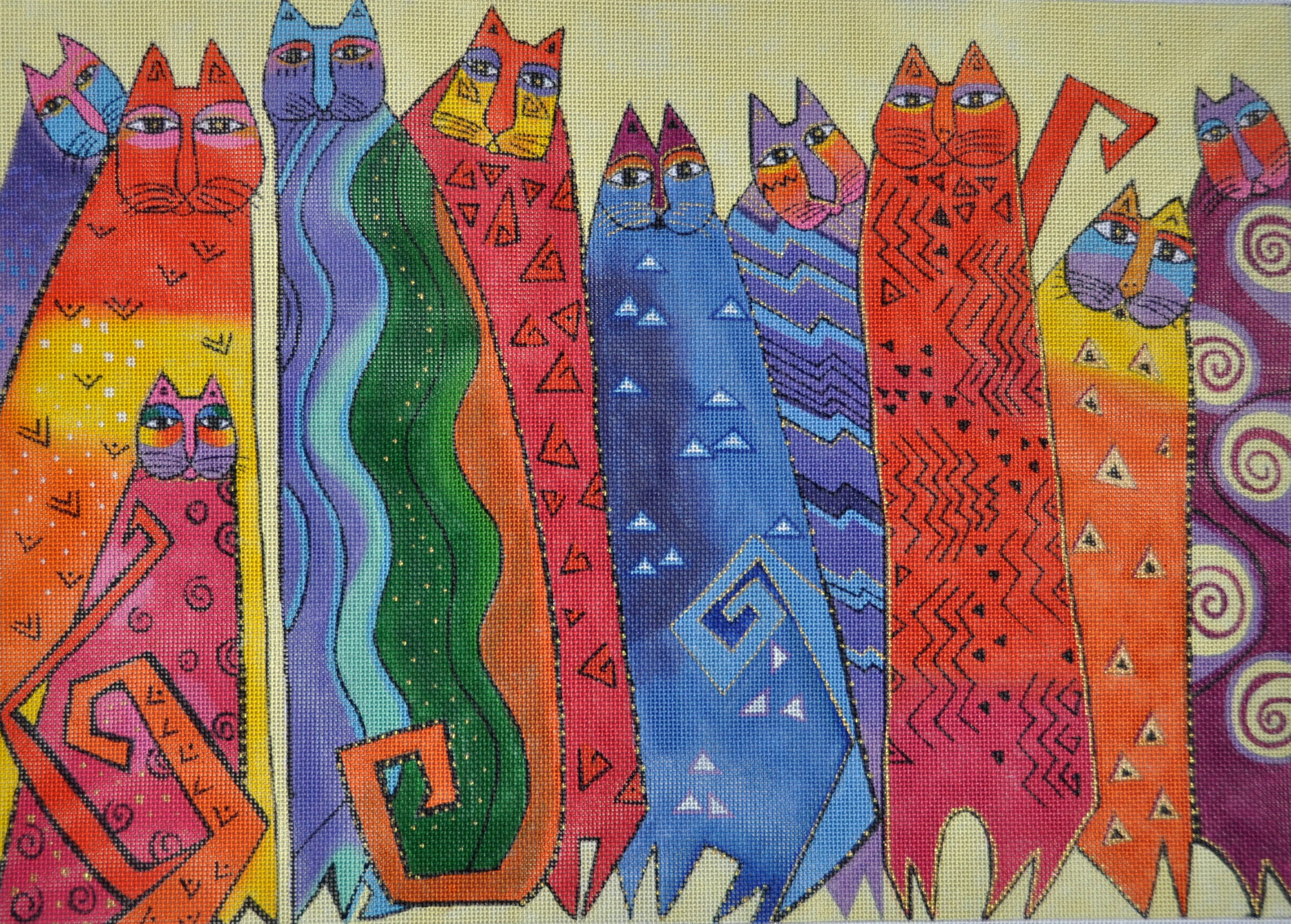 Needlepoint Handpainted Laurel Burch Cats Santa Fe Felines 17x12 -Free Us Shipping