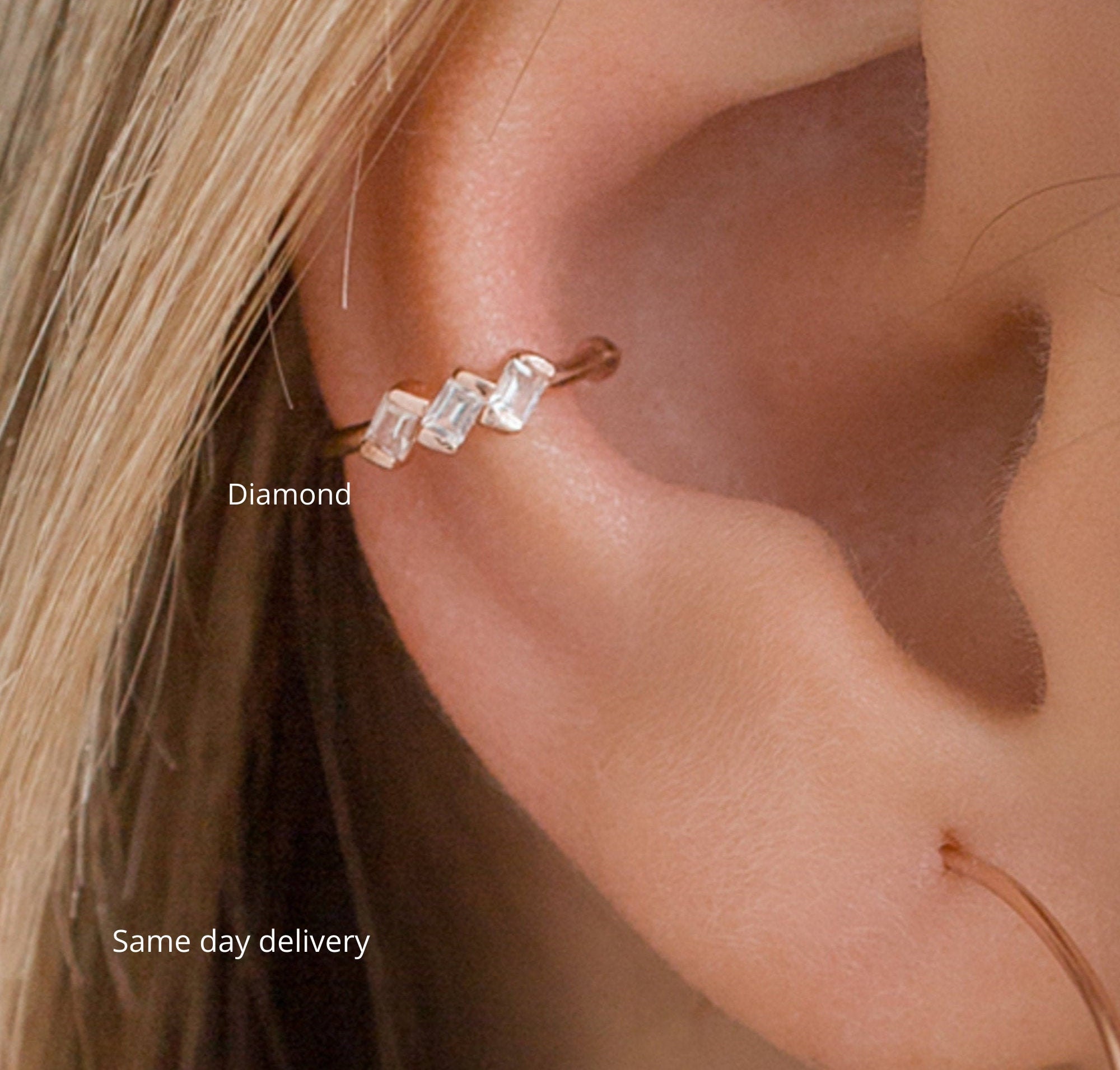 3 Baguette Conch Ear Cuffear Cuff No Piercing10K/14K Solid Gold Earringsconch Cufffake Piercingcartilage Cuffconch Earring