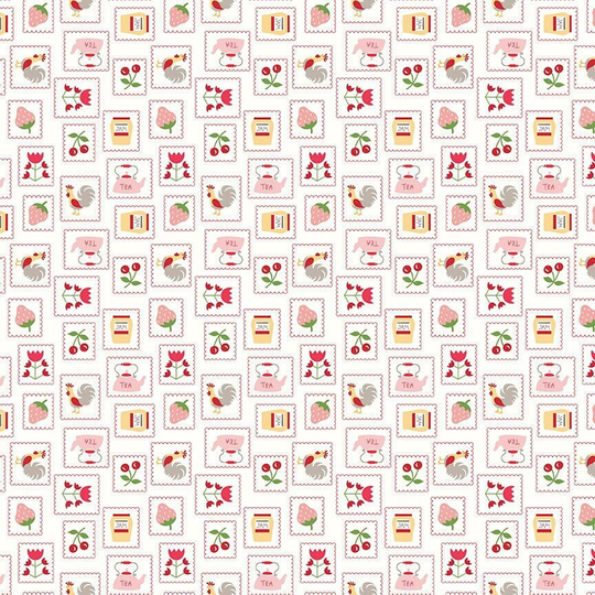 Lori Holt Cook Book Fabric By Riley Blake - White & Red "stamps" The 1/2 Yard Or Fat Quarter
