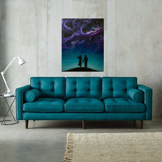 Pink Purple Galaxy Original Painting Minimalist Couple Love Nebula Turquoise Sky Of Stars Silhouette Custom Art
