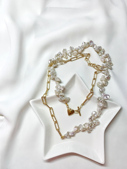 Irregular-Shaped White Keshi Pearl Necklace. Long Gold-Plated Chain Necklace, Toggle Closure. Multiple Ways To Wear