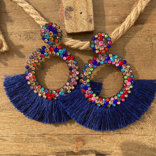 Multicolored Rhinestone With Navy Blue Tassel Earrings, Earrings