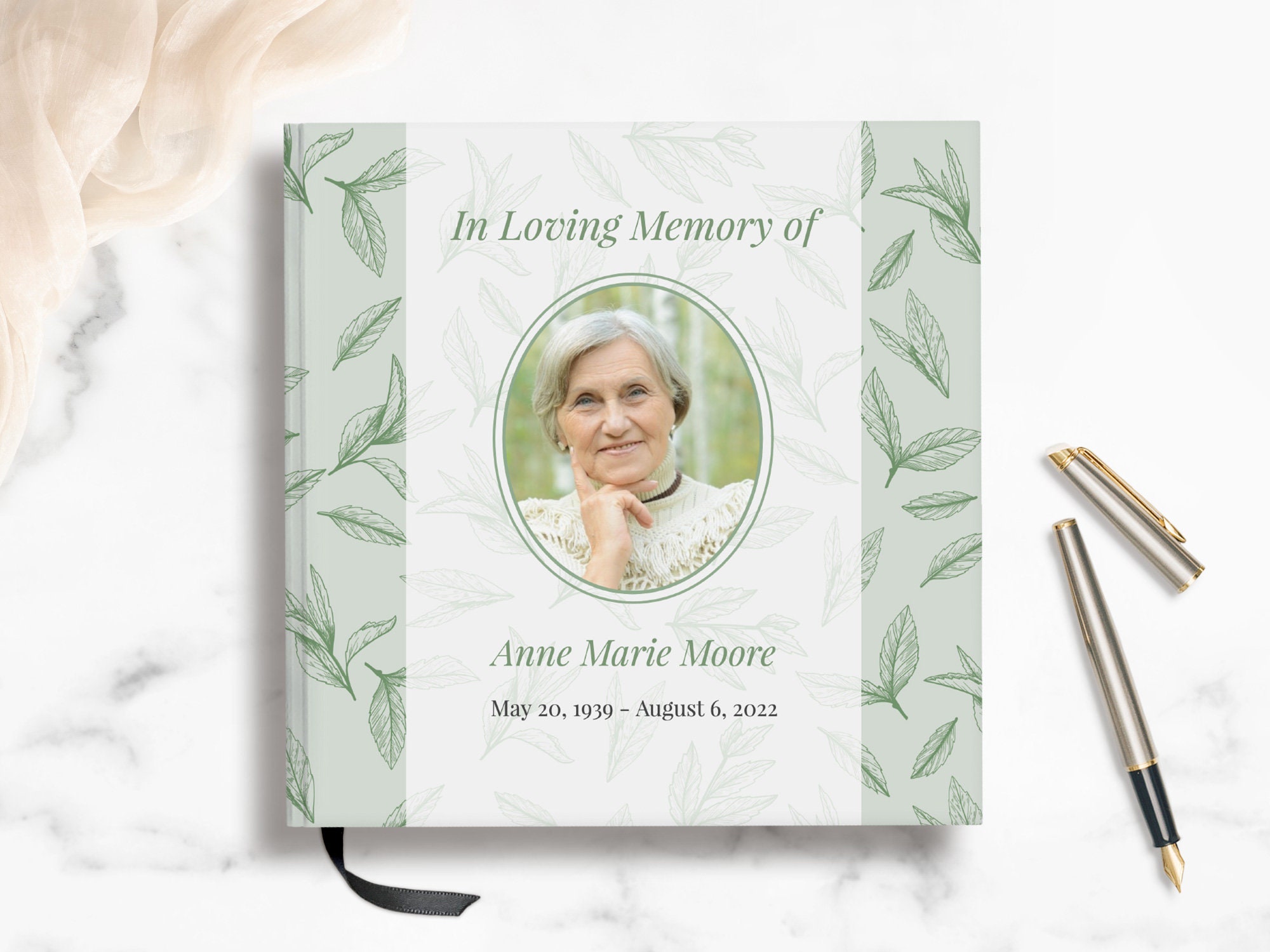 Funeral Guestbook | Smyth-Sewn Premium Remembrance Guest Book Memorial Registry Green Tea Leaves