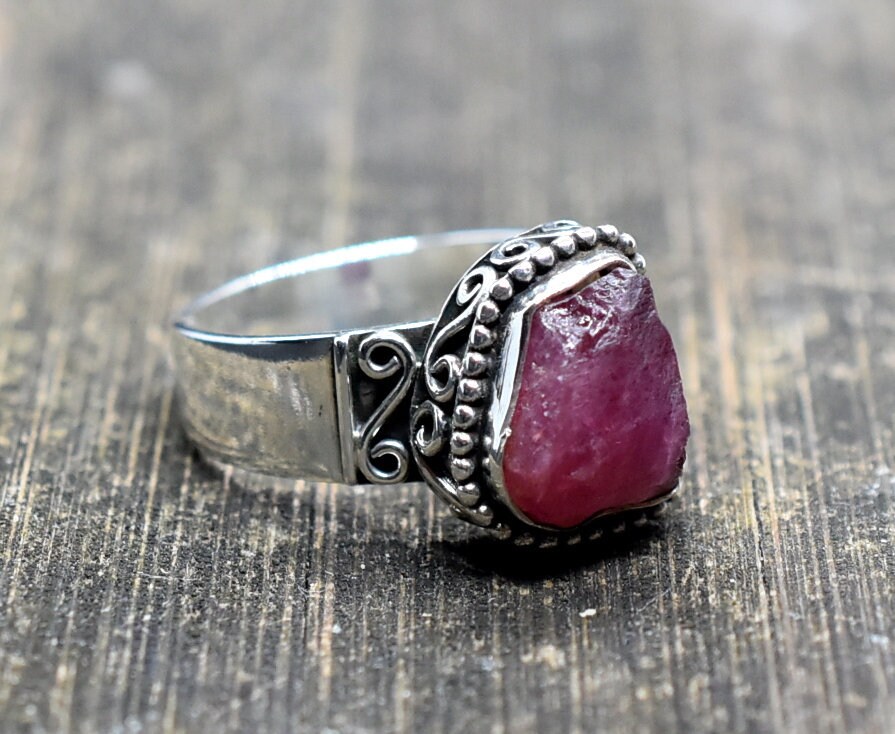 Pink Tourmaline 8 1/4 Us Ring, Silver Handmade Raw Stone Birthstone T6 Women Gift Bezel
