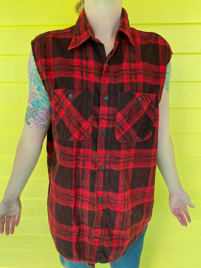 Vintage Red Ram No Sleeve Men's Button Up Shirt Size Large Hillbilly