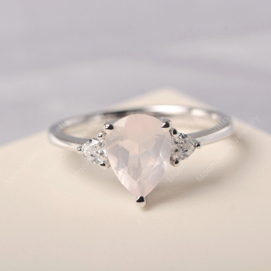 Real Natural Rose Quartz Statement Ring Solid Silver Pear Cut Pink Three Stone Unique Engagement