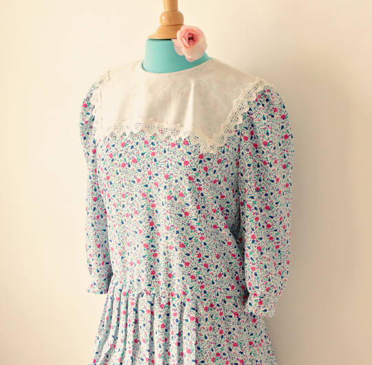 Vintage 80's Dress, Pink Flower Kawaii Fairy Kei, Large Lace Collar 80S, Secretary Vintage 1980S M/L