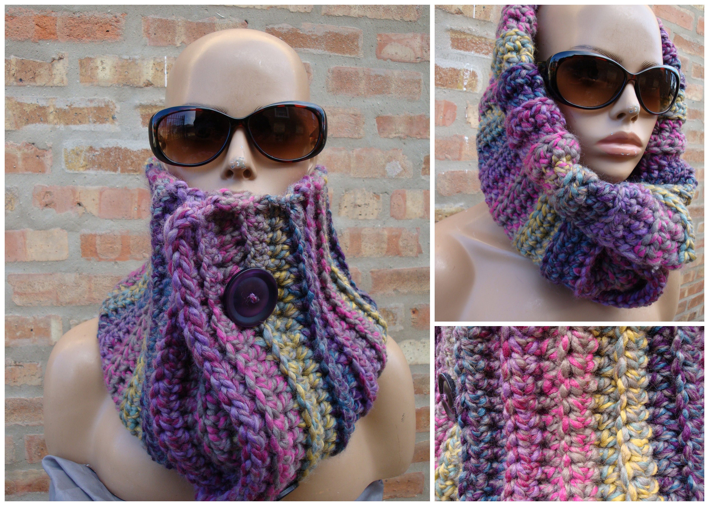 Purple Blend Scarf - Warm Neckwarmer Button Cowl Crochet