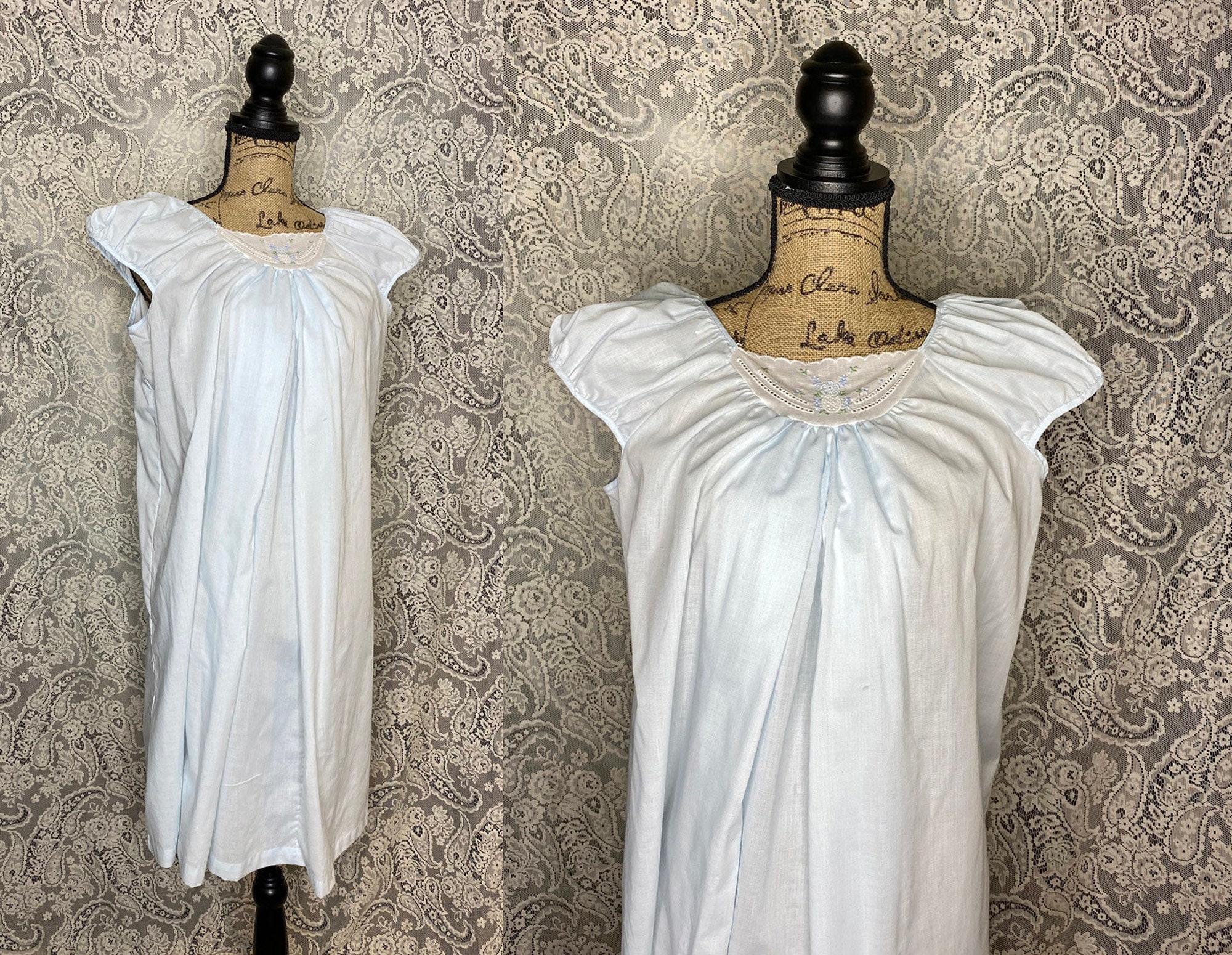 Vintage Nightgown, 1970's, Cotton Blend, Light Blue, Cap Sleeves, Embroidered Insert, Below The Knee, Sears, Small