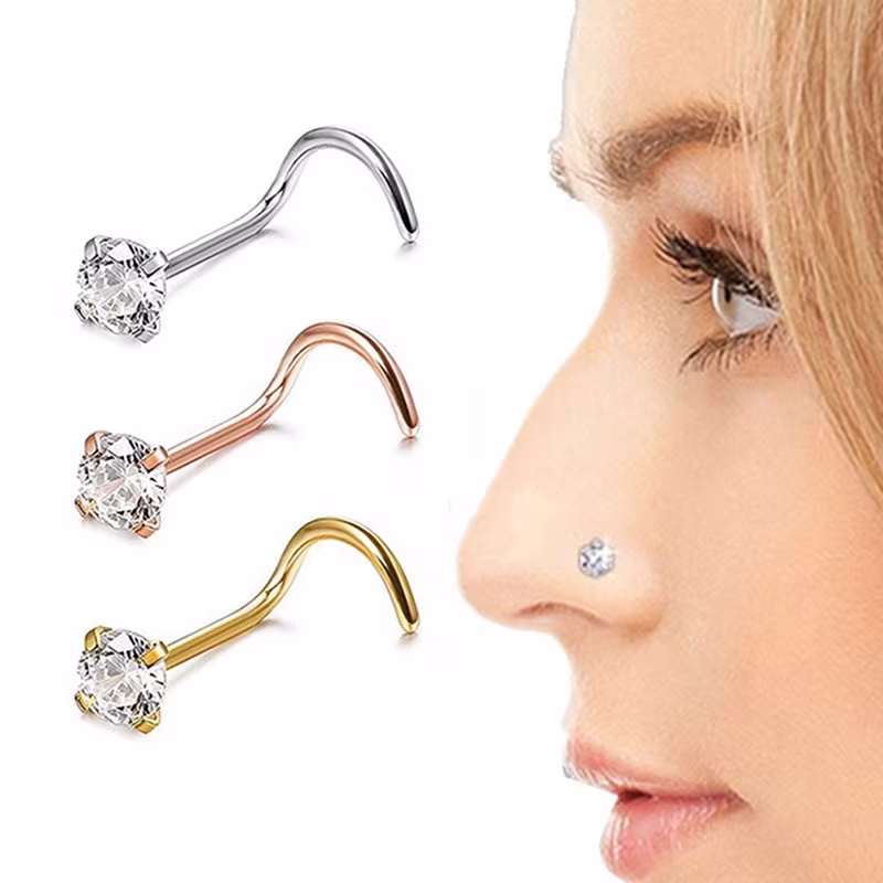 Diamond Nose Stud, 14K, Nostril Piercing, Genuine Nostril Jewelry, 14K Yellow Gold, Small Nose Screw