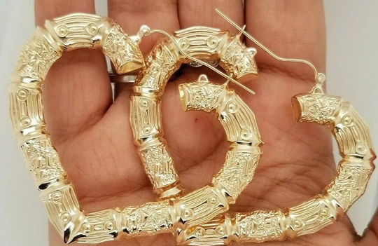 14K Yellow Gold 8mm Heart Bamboo Hoop Earrings 2.5 Inches Door Knocker Hoops For Women 12.3 Grams, Knockers, Large