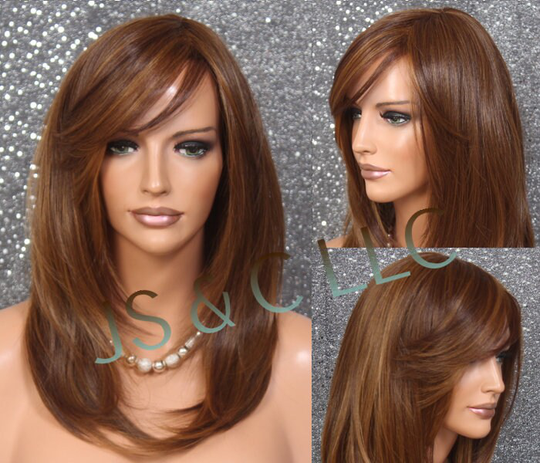 Auburn Mix Human Hair Blend Wig Straight Off Side Parting With Full Bangs Heat Ok Cancer Alopecia Theater Cosplay