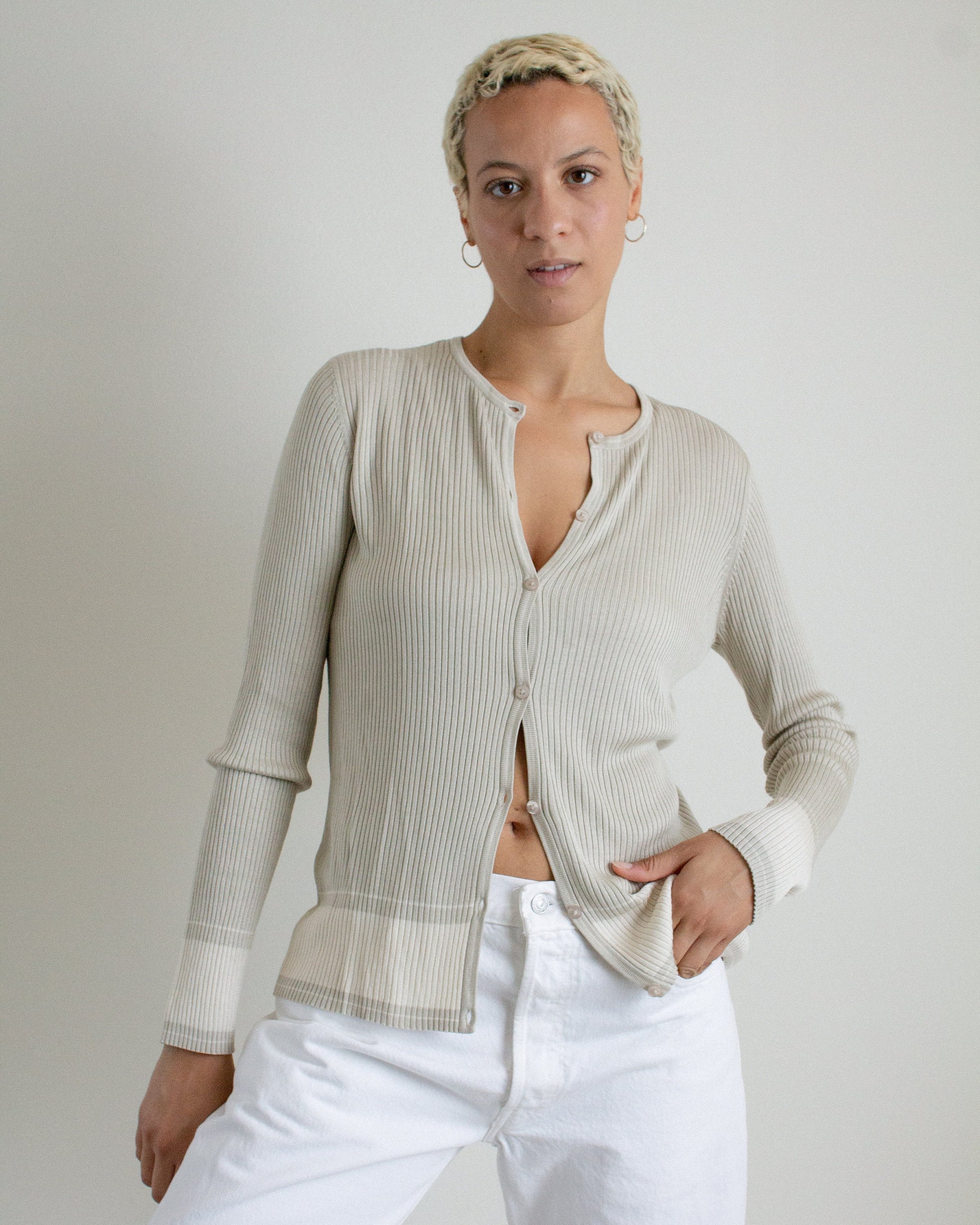 Vintage Beige & Cream Silk Blend Ribbed Cardigan // L | 2271
