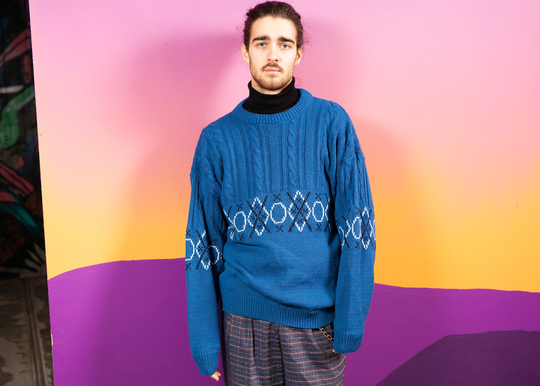 Blue Wool Blend Sweater . Vintage 1990S Patterned Braided Jumper Cable Knit Pullover Warm Spring Size Medium M