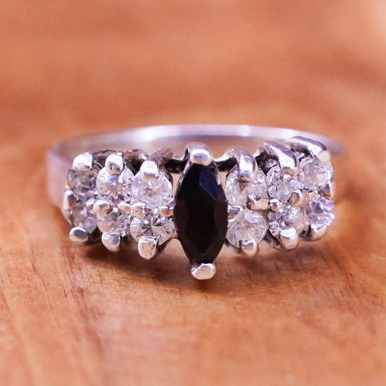 Size 4.75, Vintage Sterling 925 Silver Handmade Ring With Obsidian & Cz Details, Stamped