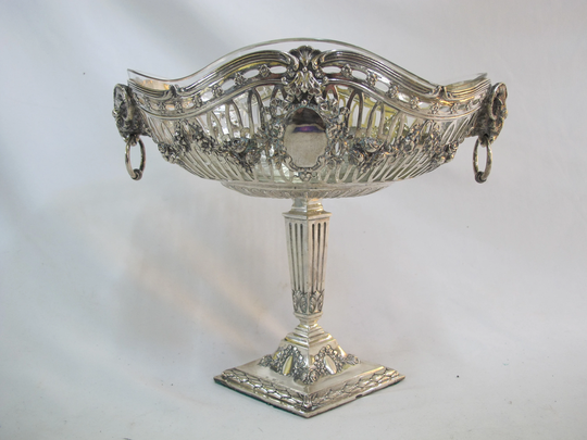 Antique Sterling Silver Pedestal Basket Compote W/Glass Insert Ram Head Handles
