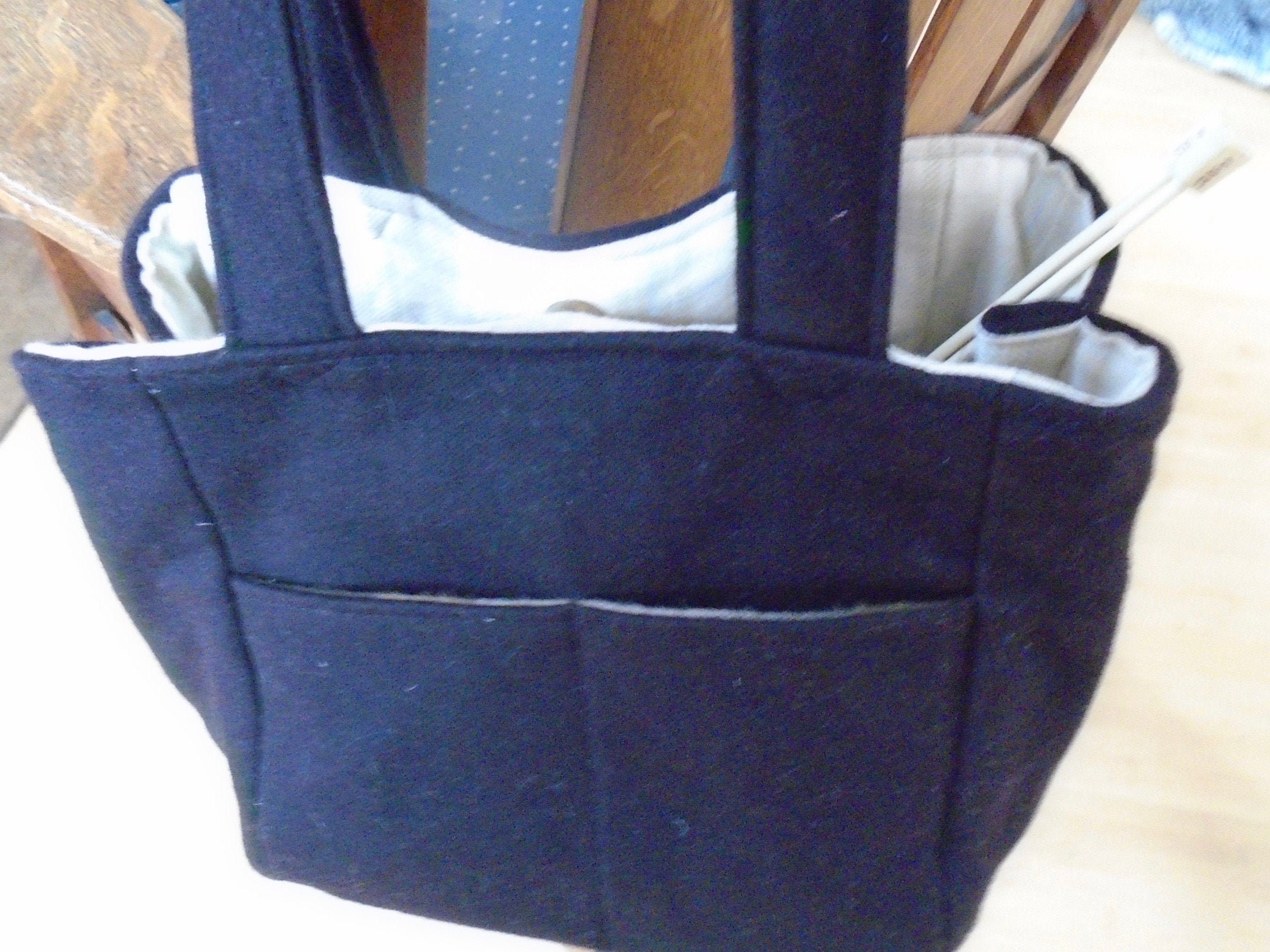 Florence#2019, Black Wool Blend Tote, Small Project Bag, Knitting Self Standing Sock & Scarf Projects