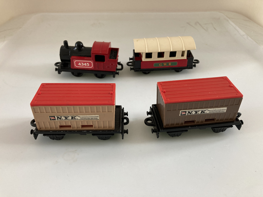 Vintage Lesney Matchbox Train Cars, Including Rare Mb-25 Chocolate Nyk Box Flat Car, Steam Loco & Passenger Coach