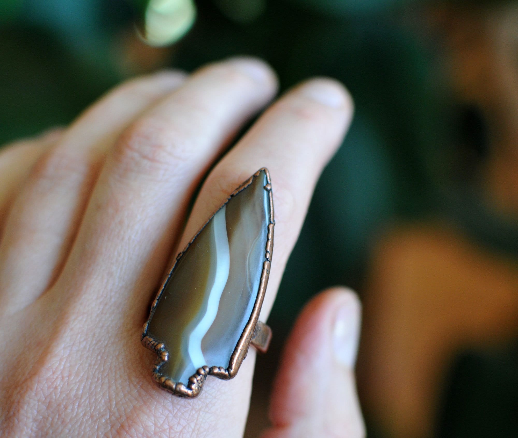 Agate Arrow Head Ring, 10 Size Us, Dark Yellow, Honey, Electroformed Jewelry, Raw Bohemian Style, Warrior Soul, Ring By Mariaela