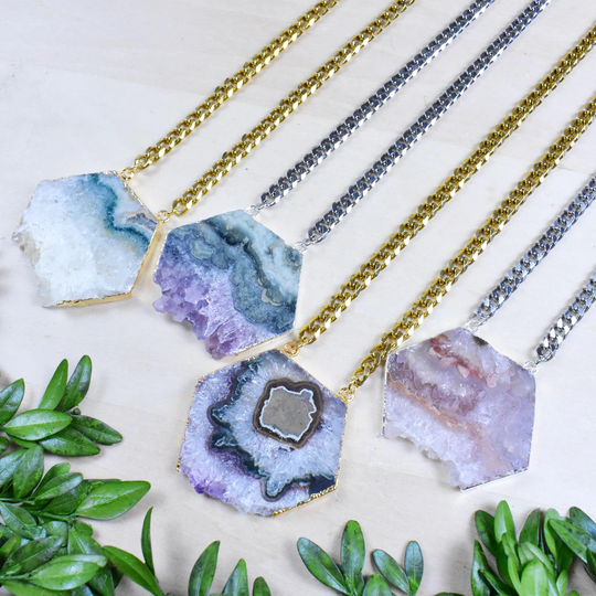 Hexagon Amethyst Slice Necklace, Gold Layering Pendant Necklace | Epj-Nbb11