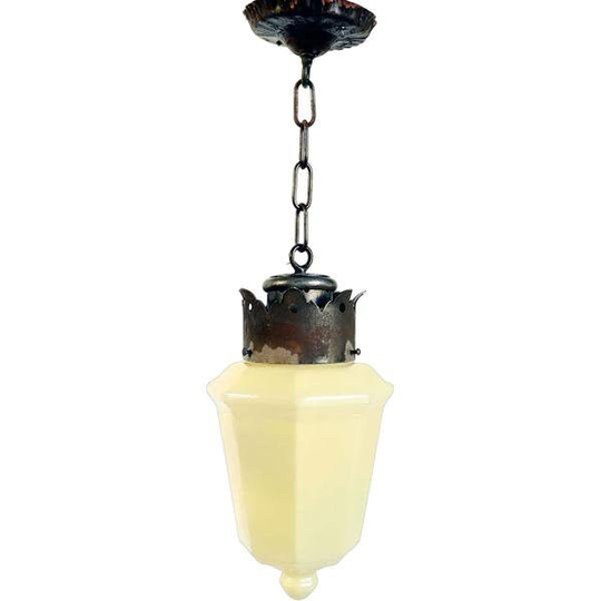 1929 Vintage American Albert Sechrist Iron Mounted Opaline Custard Glass One-Light Pendant Light | 3 Available