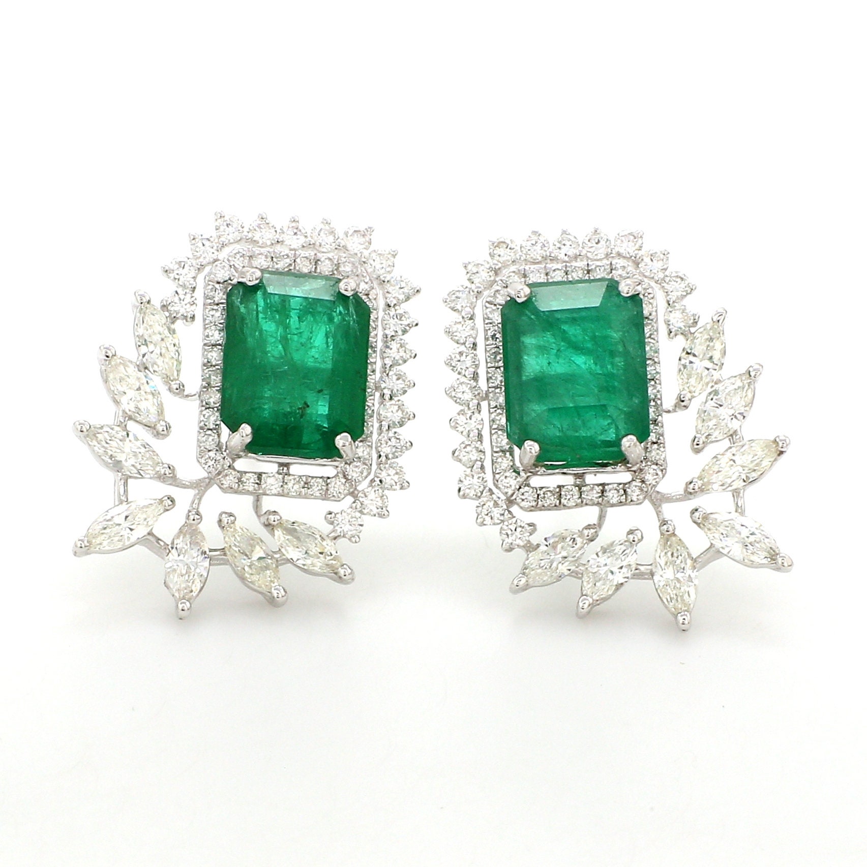 On Sale Solid 14K White Gold Marquise & Pave Diamond Emerald Stud Earrings Handmade Wedding Jewelry Gifts For Her