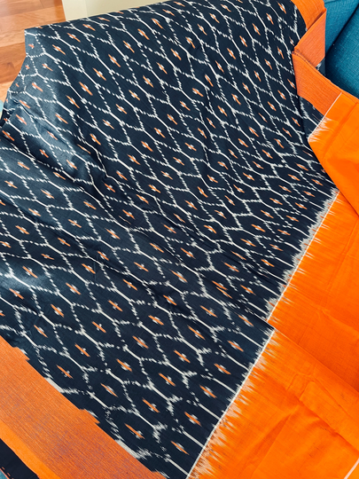 Blended Cotton Pochampally Saree in Black & Orange | Bengal Looms