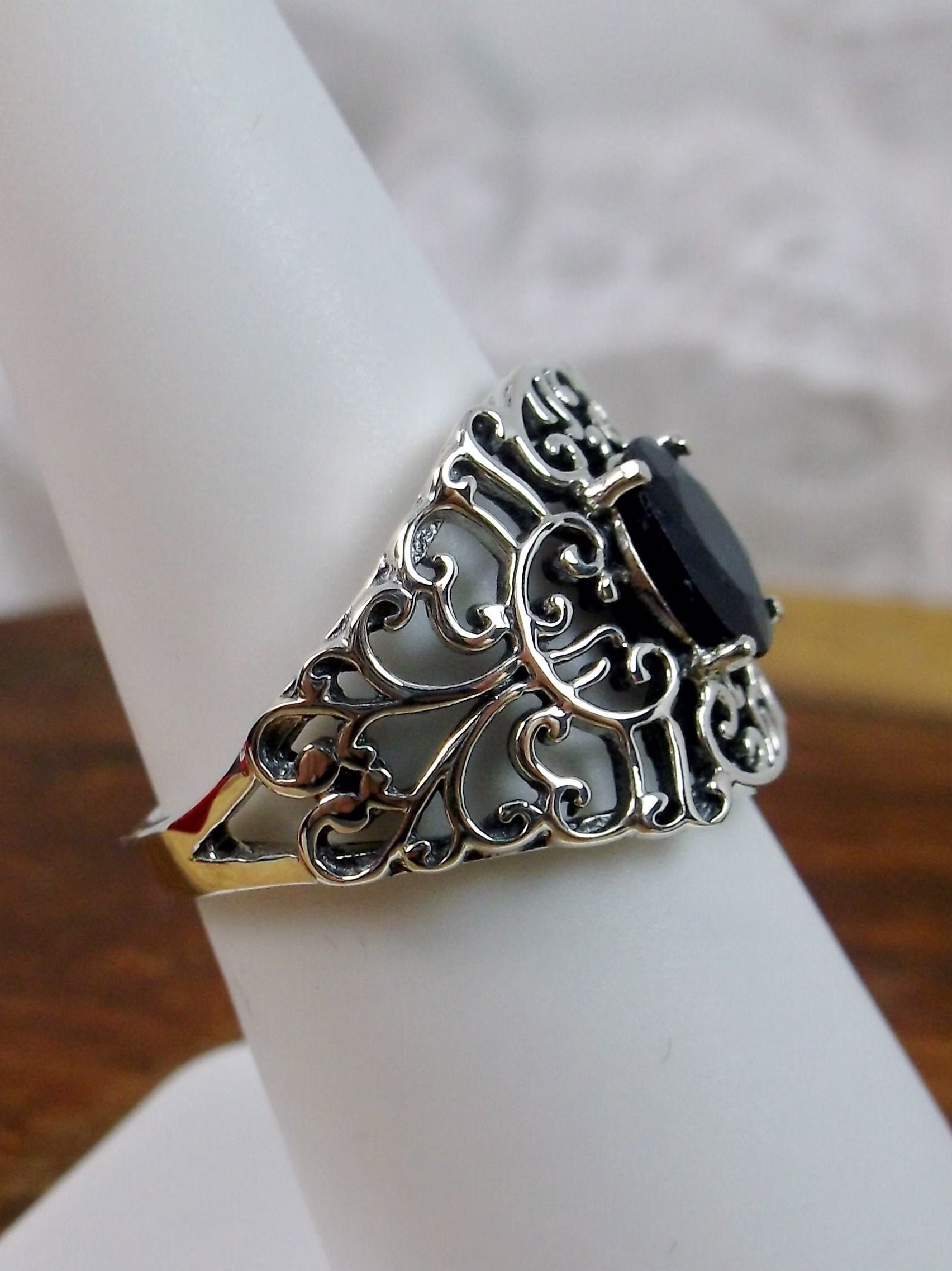 Natural Sapphire Ring/ Solid Sterling Silver/ Blue Sapphire, Art Nouveau Swirl Filigree [Custom Made] Design#16