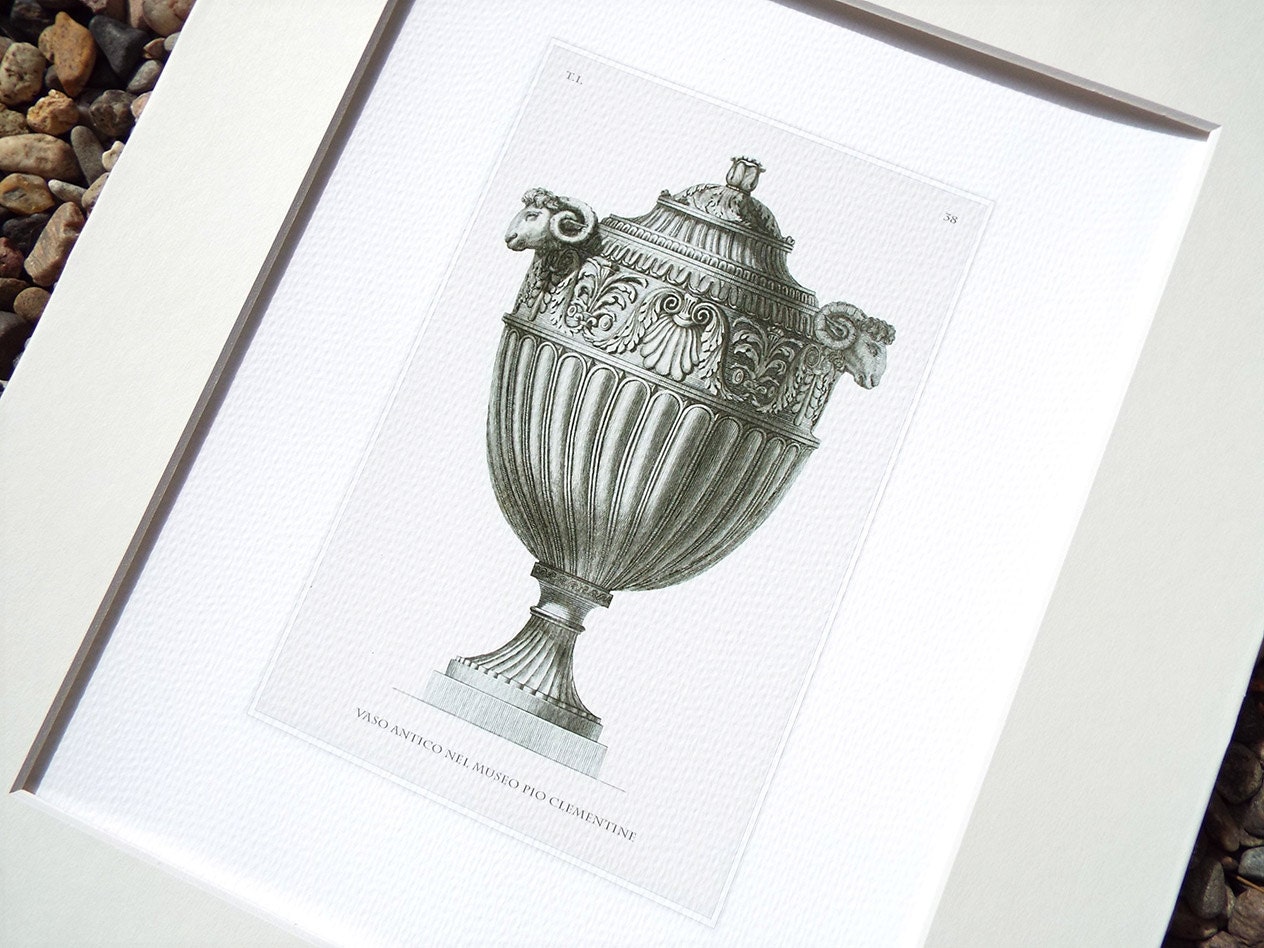 Antique Italian Garden Vase Etching With Ram Head Handles in Sepia Archival Print