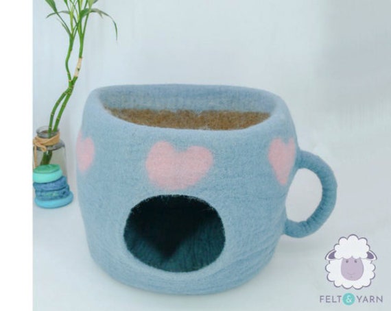 50cm Wool Felt Tea Cup Cat Cave | Felted Bed Kitty House Fair Trade 100% & Handmade Free Shipping