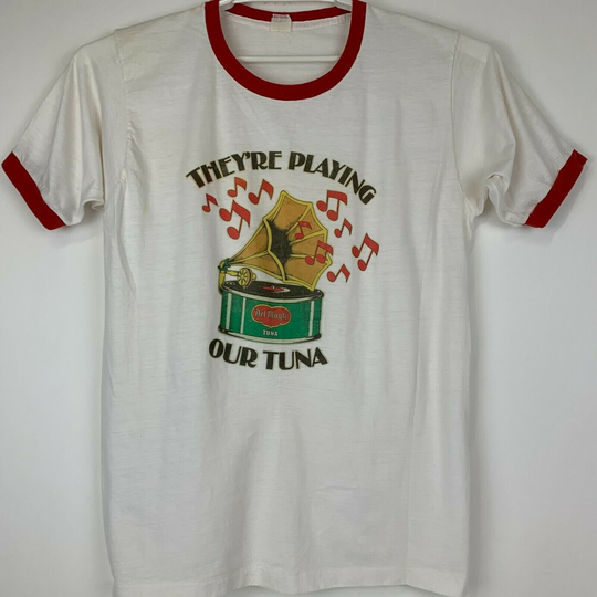 Vintage 1970S 80S Del Monte Tuna Medium Ringer T Shirt Phonograph Seafood Tee