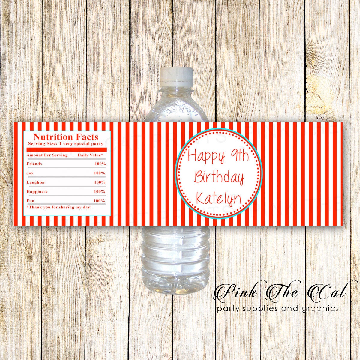 Printable Personalized Movie Red Stripes Water Bottle Labels Wrappers - Birthday Party Favors Baby Shower Items
